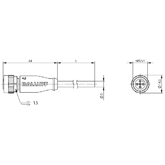 M12A Fem Droit 5p; Câble PVC 4x0.34 Gris Cpc 40m (250V)-Lire la description