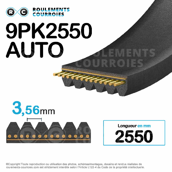 Courroie Poly-V striée automobile 9PK2550TM-Lire la description