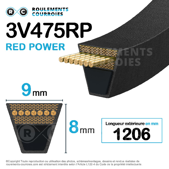 Courroie trapézoidale lisse Red Power 3 3V475-Lire la description