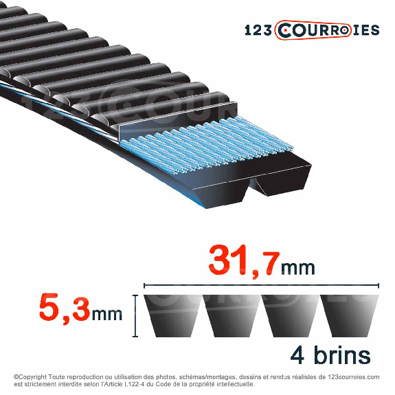 Courroie trapézoïdale polyuréthane Polyflex 7M580/4 Courroie trapézoïdale polyuréthane Polyflex 7M580/4-Lire la description