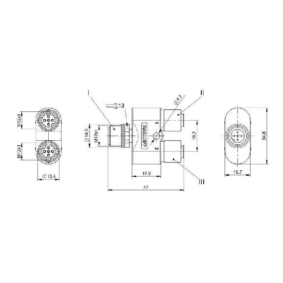 Coupleur en T M12 Mâle Droit 5p/2x M12 Fem Droit 5p (125V)-Lire la description