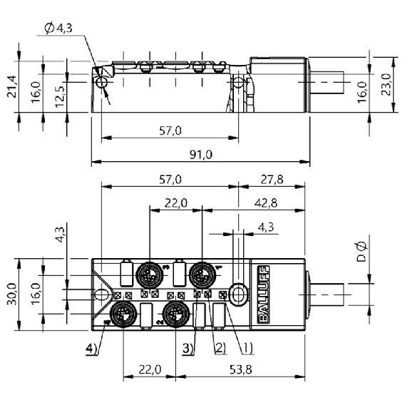 Répartiteur 4xM08 4p PNP LED; Câble PUR Noir Cpc 15m-Lire la description