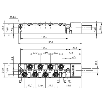 Répartiteur 8xM8 Fem 4p, PNP / Câble PUR Noir Cpc 25m-Lire la description