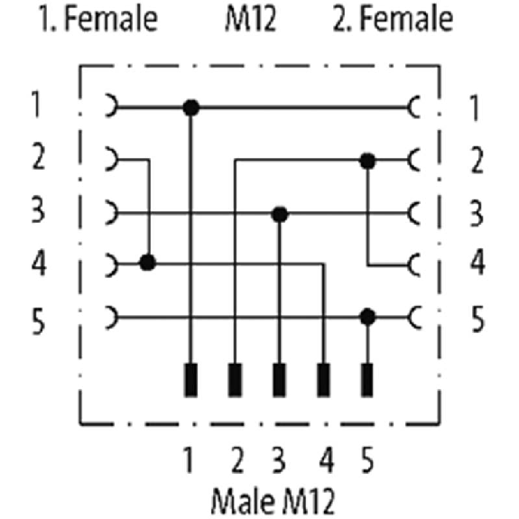 Coupleur en T M12 Mâle Droit 5p/2xM12 Fem Droit 5p-Lire la description