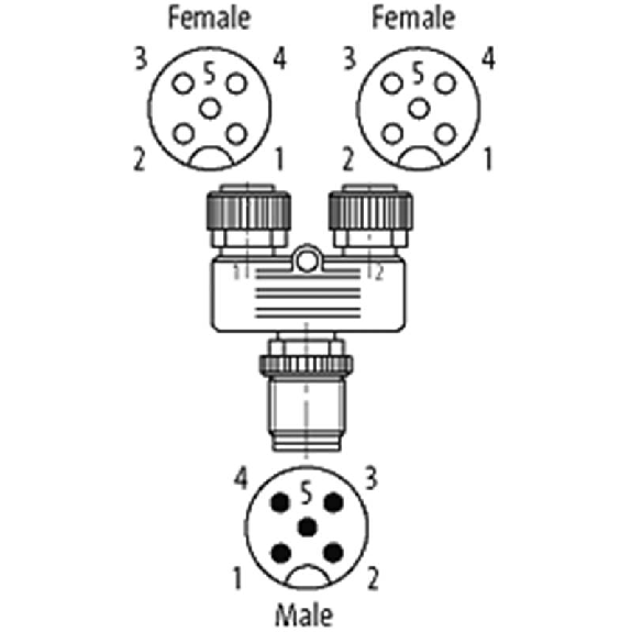 Coupleur en T M12 Mâle Droit 5p/2xM12 Fem Droit 5p-Lire la description