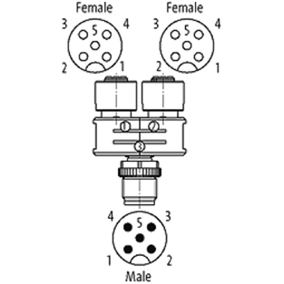 Coupleur en T SlimLine parallèle M12 Mâle 5p/2xM12 Fem 5p-Lire la description