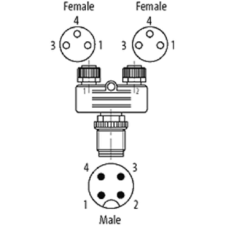Coupleur en T M12 Mâle Droit 4p/2xM08 Fem Droit 3p-Lire la description
