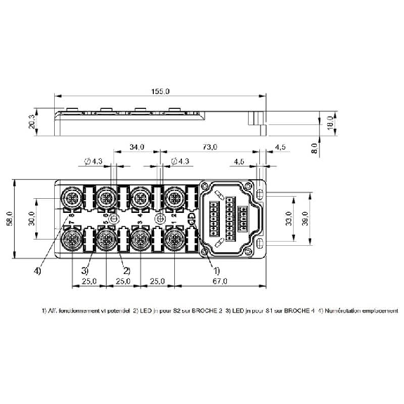Répartiteur 8 voies M12 5p (NO+NF) / Embase nue (Bornes à vis)-Lire la description