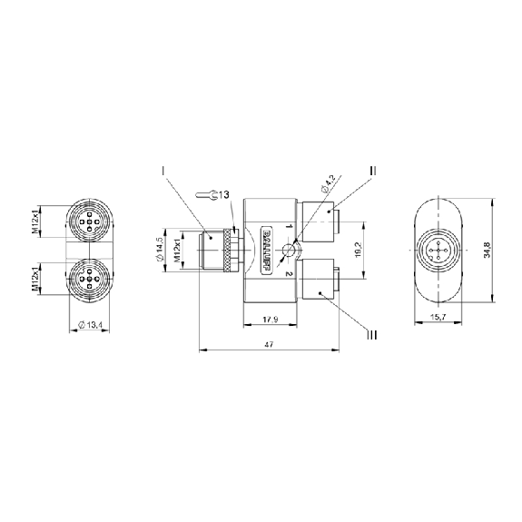 Coupleur en T M12 Mâle Droit 5p/2x M12 Fem Droit 5p (125V)-Lire la description
