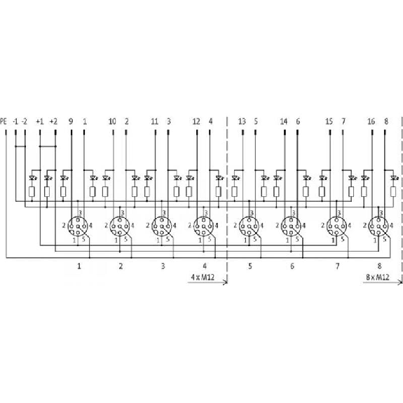 Répartiteur 8xM12 5p PNP-LED; Sans câble préconfectionné-Lire la description