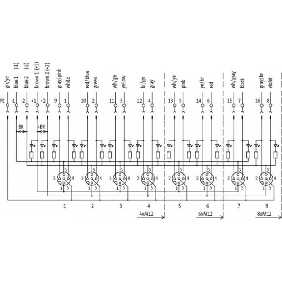 Répartiteur 4xM12 5p LED PNP; Câble PUR/PVC UL/CSA 8x0.34+3x0.75, 10m-Lire la description