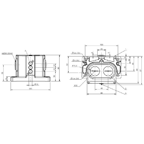 Boîtier multipistes inductif, 3x capteurs, PNP NO+NF, 12mm, 2xM25 Boîtier multipistes inductif, 3x capteurs, PNP NO+NF, 12mm, 2xM25-Lire la description