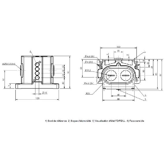 Boîtier multipistes inductif, 4x capteurs, PNP NO+NF, 12mm, 2xM25 Boîtier multipistes inductif, 4x capteurs, PNP NO+NF, 12mm, 2xM25-Lire la description