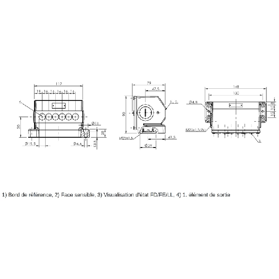 Boîtier multipistes inductif, 6x capteurs PNP NO+NF, 16mm, 1xM25 Boîtier multipistes inductif, 6x capteurs PNP NO+NF, 16mm, 1xM25-Lire la description