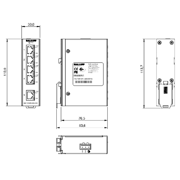 Switch non géré 5p 5xRJ45 10/100, rail DIN, IP30, Plast.-Lire la description