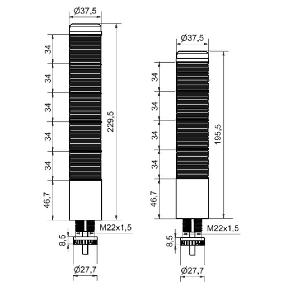 K37cl sr fiche 24VAC/DC CL/GN/YE/RD IP65 Ø37,5mm ARG-Lire la description