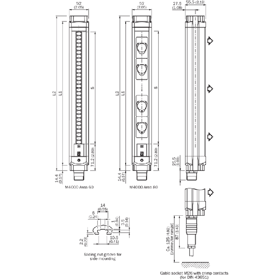 Barrière sécurité T4 (R) H=0750mm Rés=80mm P=70m / M26x11+FE Barrière sécurité T4 (R) H=0750mm Rés=80mm P=70m / M26x11+FE-Lire la description