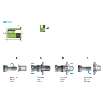 Blindnietmuttern BM /A2 /Fk /M8 /RsGer /Of  GO-NUT Klemmbereich: 5,0 - 8,0 mm - 250 Stück-Beschreibung lesen