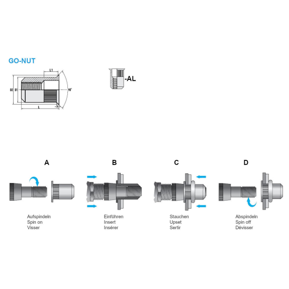 Blindnietmuttern BM /ALU /klSk /M5 /RsGer /Of GO-NUT Klemmbereich: 0,5 - 3,0 mm - 250 Stück Blindnietmuttern BM /ALU /klSk /M5 /RsGer /Of GO-NUT Klemmbereich: 0,5 - 3,0 mm - 250 Stück-Beschreibung lesen