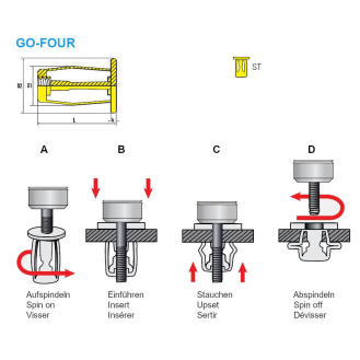 Spreizblindnietmuttern BM /ST /M4 /Fk /Of  GO-FOUR Klemmbereich: 5,0 - 10,0 mm - 250 Stück-Beschreibung lesen