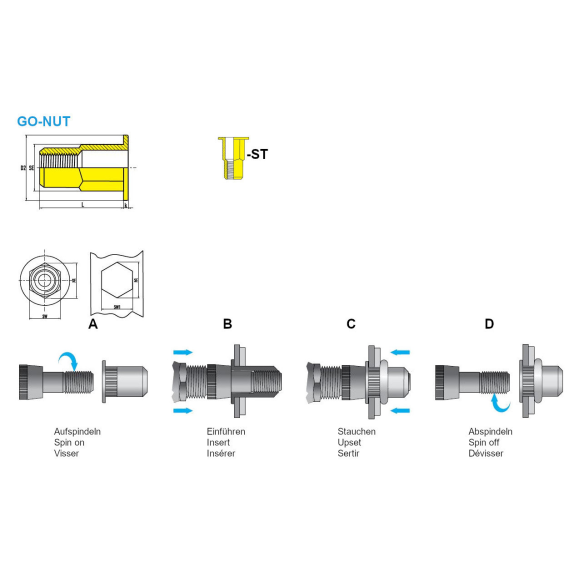 Blindnietmuttern BM /ST /Fk /M4 /T6ks /Of  GO-NUT Klemmbereich: 0,5 - 2,5 mm - 250 Stück-Beschreibung lesen