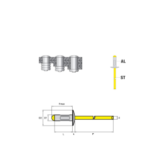 Mehrbereichs-Blindniete Mehrbereichsblindniete MULTI AL/ST - GroÃŸkopf K12 - 4,0x10 mm - 500 Stück-Beschreibung lesen
