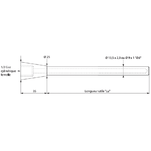 Doigt de gant à souder inox 316L, Ø9x1mm, 120mm, G1/2 Doigt de gant à souder inox 316L, Ø9x1mm, 120mm, G1/2-Lire la description