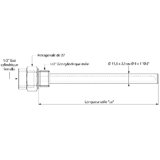 Doigt de gant Ø9mm lg180mm R1/2G pour sonde Ø6mm lg200mm-Lire la description