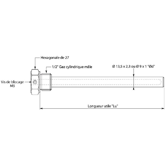 Doigt de gant avec vis de blocage G1/2 Ø13,5mm lg750mm Doigt de gant avec vis de blocage G1/2 Ø13,5mm lg750mm-Lire la description