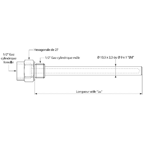 Doigt de gant Ø9mm lg230mm R1/2G pour sonde Ø6mm lg250mm Doigt de gant Ø9mm lg230mm R1/2G pour sonde Ø6mm lg250mm-Lire la description