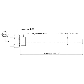 Doigt de gant Ø9mm lg230mm R1/2G pour sonde Ø6mm lg250mm-Lire la description