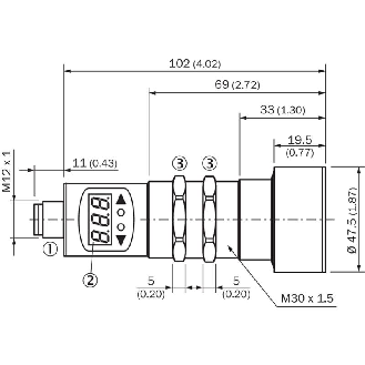Ultrason Directe M30 NPN(x2) P0,35-3,4m NO/NF Axial 9-30Vdc / M12 5P-Lire la description