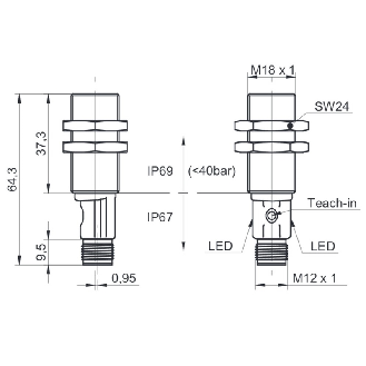 Ultrason Directe 2 seuils M18 PushPull P20-1000mm qTeach IO-L M12 5P-Lire la description
