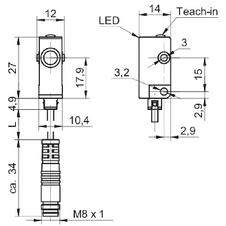 Ultrason Bar. reflex PNP NO/NF P0-200mm Teach 24VDC / M08 4P+C0.2m-Lire la description