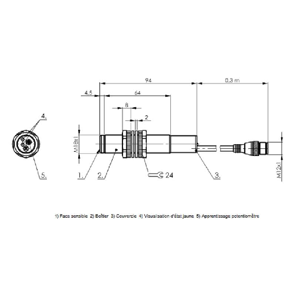 Ultrason Directe M18 PNP NO P200-1500mm Axial 18-30Vdc / M12 5P+C0.3m Ultrason Directe M18 PNP NO P200-1500mm Axial 18-30Vdc / M12 5P+C0.3m-Lire la description