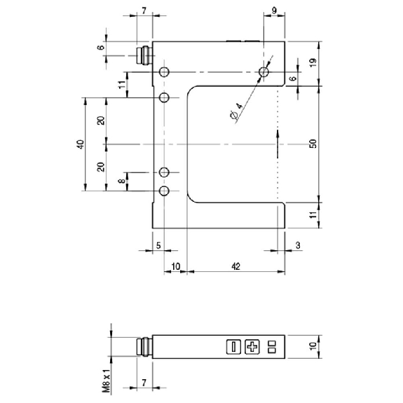 Fourche en U PNP/NPN E=50mm Prof=42mm IR / M08 4P Fourche en U PNP/NPN E=50mm Prof=42mm IR / M08 4P-Lire la description