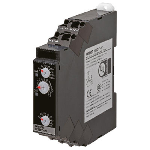 Minuterie 17,5mm DPDT, ON-Delay, Push-in, DIN, 24-240VAC/DC-Lire la description