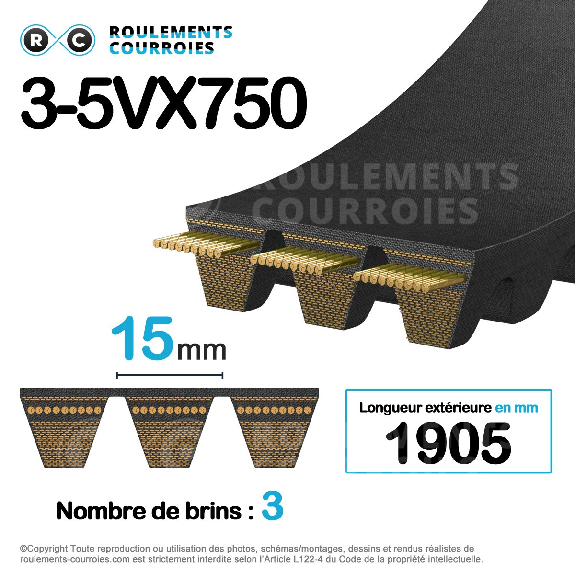Courroie multibrins crantée 3-5VX750-Lire la description