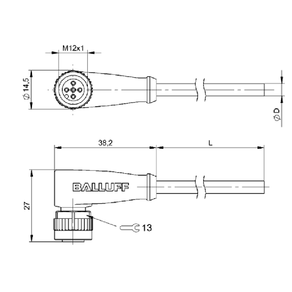 M12A Fem Coudé 5p LED PNP NO/NF; Câble PUR 4x0.34 Jaune Cpc 2m-Lire la description