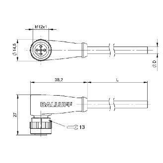 M12A Fem Coudé 5p LED PNP NO/NF; Câble PUR 4x0.34 Jaune Cpc 2m-Lire la description