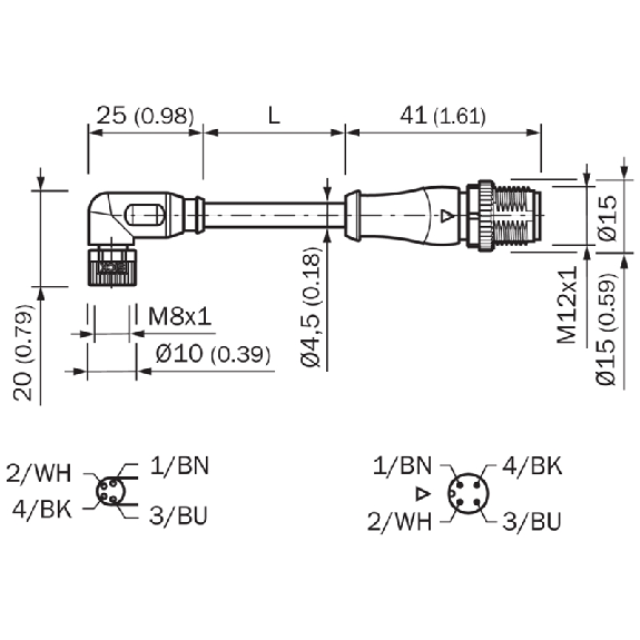 M08 Fem Coudé 4p/M12 mâle Droit 4p; Câble PUR 4x0,25 Noir 2m-Lire la description