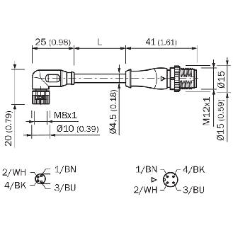 M08 Fem Coudé 4p/M12 mâle Droit 4p; Câble PUR 4x0,25 Noir 2m-Lire la description