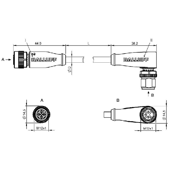 M08A Fem Droit 5p/M08A Mâle Coudé 3p; PUR 3x0.34 Noir Cpc 5m-Lire la description