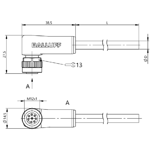 M12A Fem Coudé 8p; Câble PUR 8x0.25 Noir Cpc 5m-Lire la description