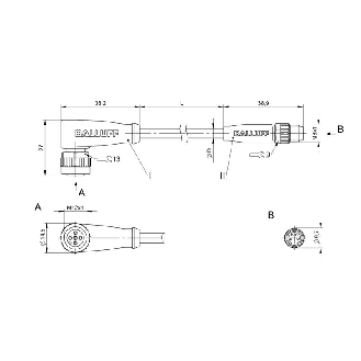 M12A Fem Coudé 5p/M08A Mâle Droit 4p; Câble PUR 4x0.34 Noir Cpc 3m-Lire la description