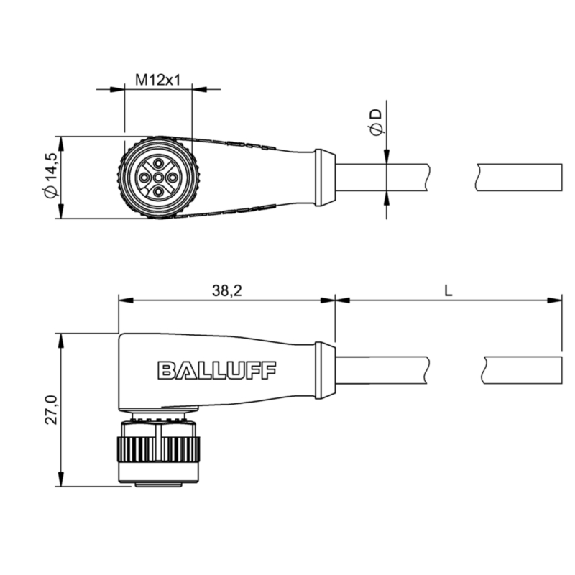 M12A Fem Coudé 5p; Câble PUR 4x0.34 Noir Cpc 2m (250V)-Lire la description