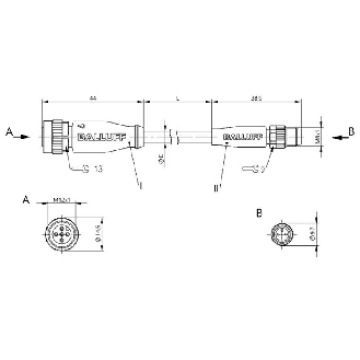 M12 Fem Droit 5p/M08 Mâle Droit 3p Câble PUR 3x0.34 Noir Cpc 1m-Lire la description