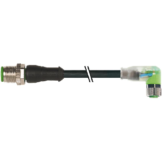 M08A Fem Coudé 3p LED/M12A Mâle Droit 3p; PVC UL/CSA 3x0,25 Noir 4m-Lire la description