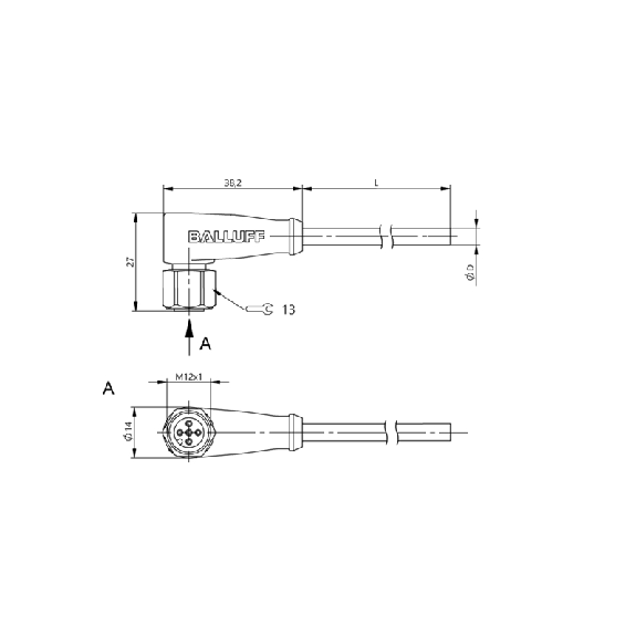 M12A Fem Coudé 5p Inox WD; Câble PVC 5x0.34 Gris Cpc 10m-Lire la description