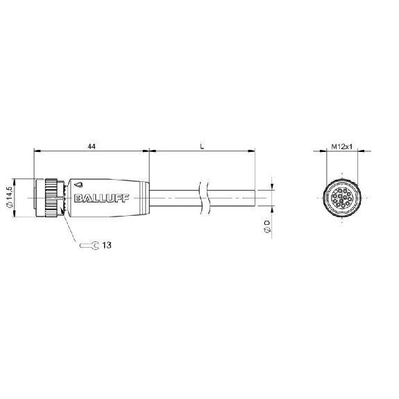 M12A Fem Droit 12p; Câble PUR 12x0,25 Noir Cpc 15m (30V)-Lire la description